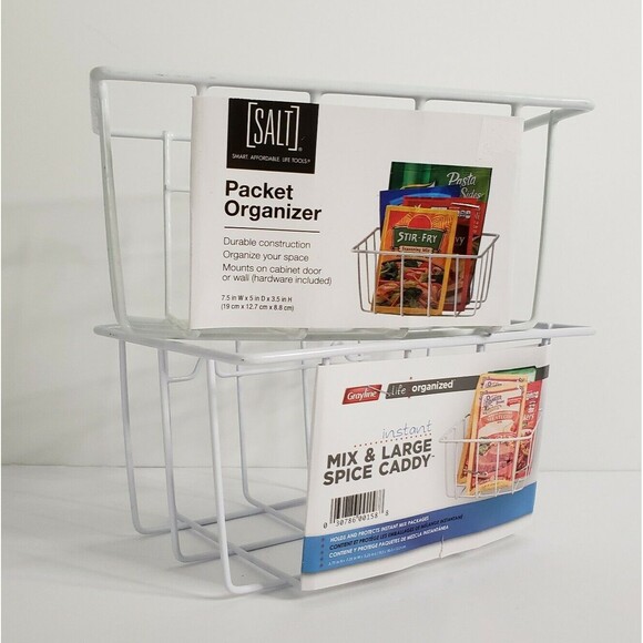 Set 2 Grayline/Salt White Wire Packet Organizer And Large Spice Caddy w/screws - Picture 1 of 4